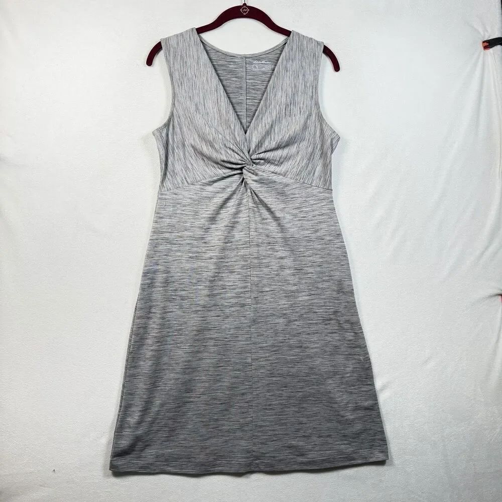 Eddie Bauer Twist Front Sleeveless Dress Small Gray Stretch Knit Midi Casual